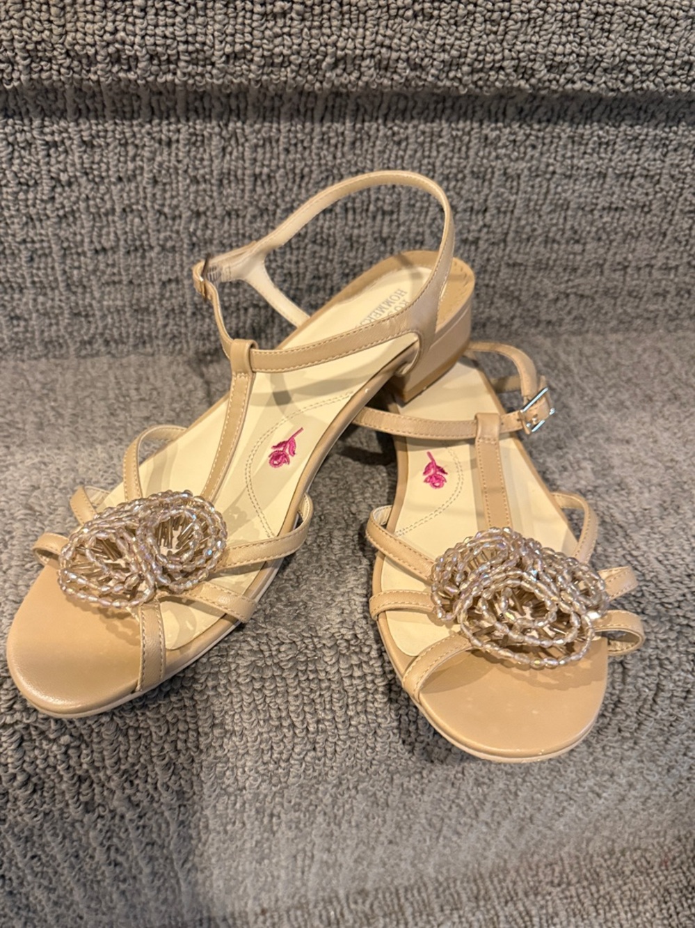 Ros Hommerson Beige T-Strap Sandals with Beaded Rosettes